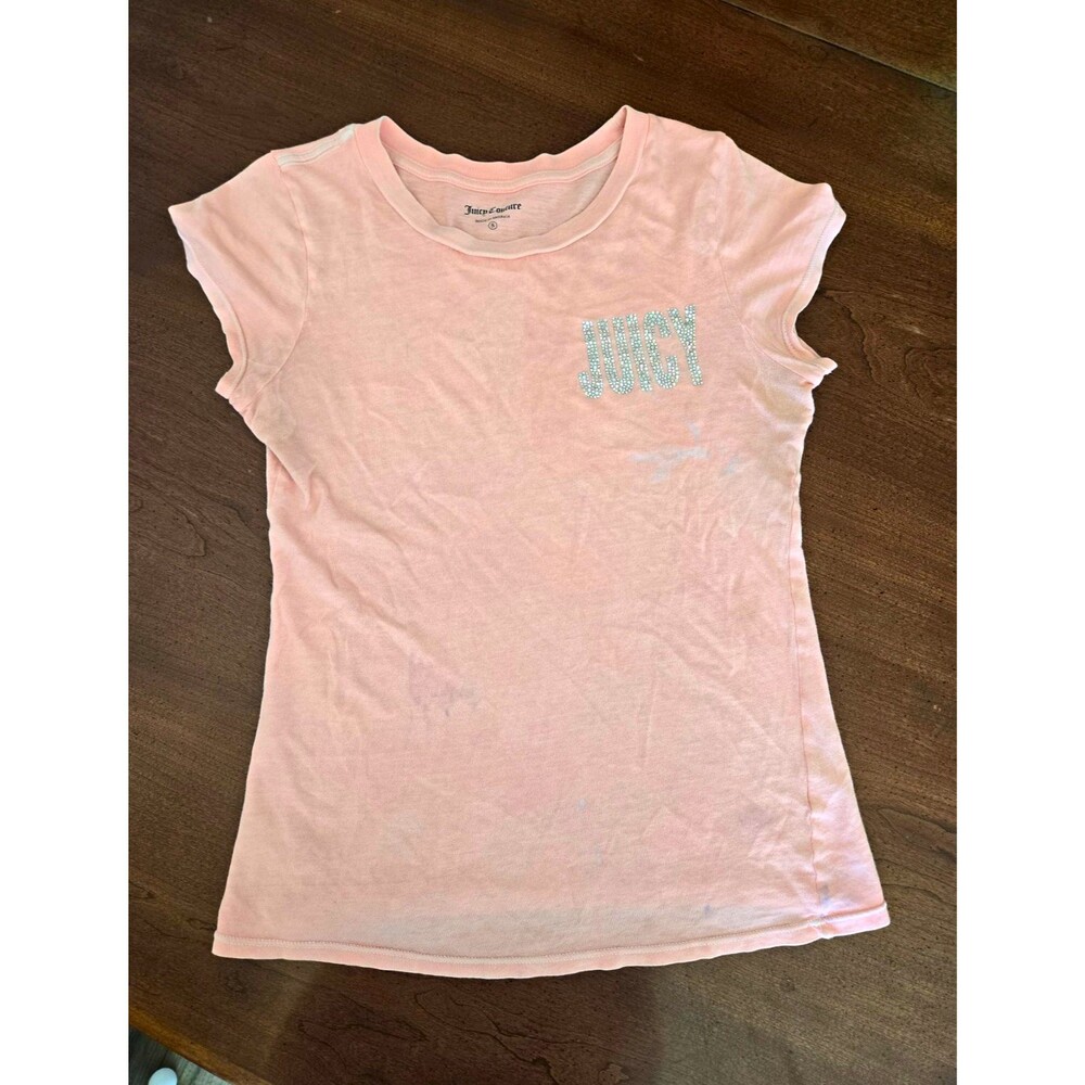 Juicy Couture Pink Rhinestone JUICY Logo Crew Neck Short Sleeve T-Shirt S